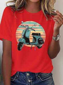 Vintage Scooter Illustration. Comfortable Pure Cotton Women's T-Shirt, Casual Blouse For Women. - 紅色 - 查看 6