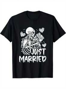 Casual Short-Sleeved Summer Shirt With A Skeleton Bride And Groom Print, Perfect For A Fun Halloween Wedding Celebration. Loose And Comfortable. - Default - View 6