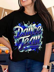 Women's Dance Team T-Shirt, Graphic Tee, Dance Practice Clothes, Streetwear, Fashion Top, Casual Summer Outfit - 黑色 - 查看 1