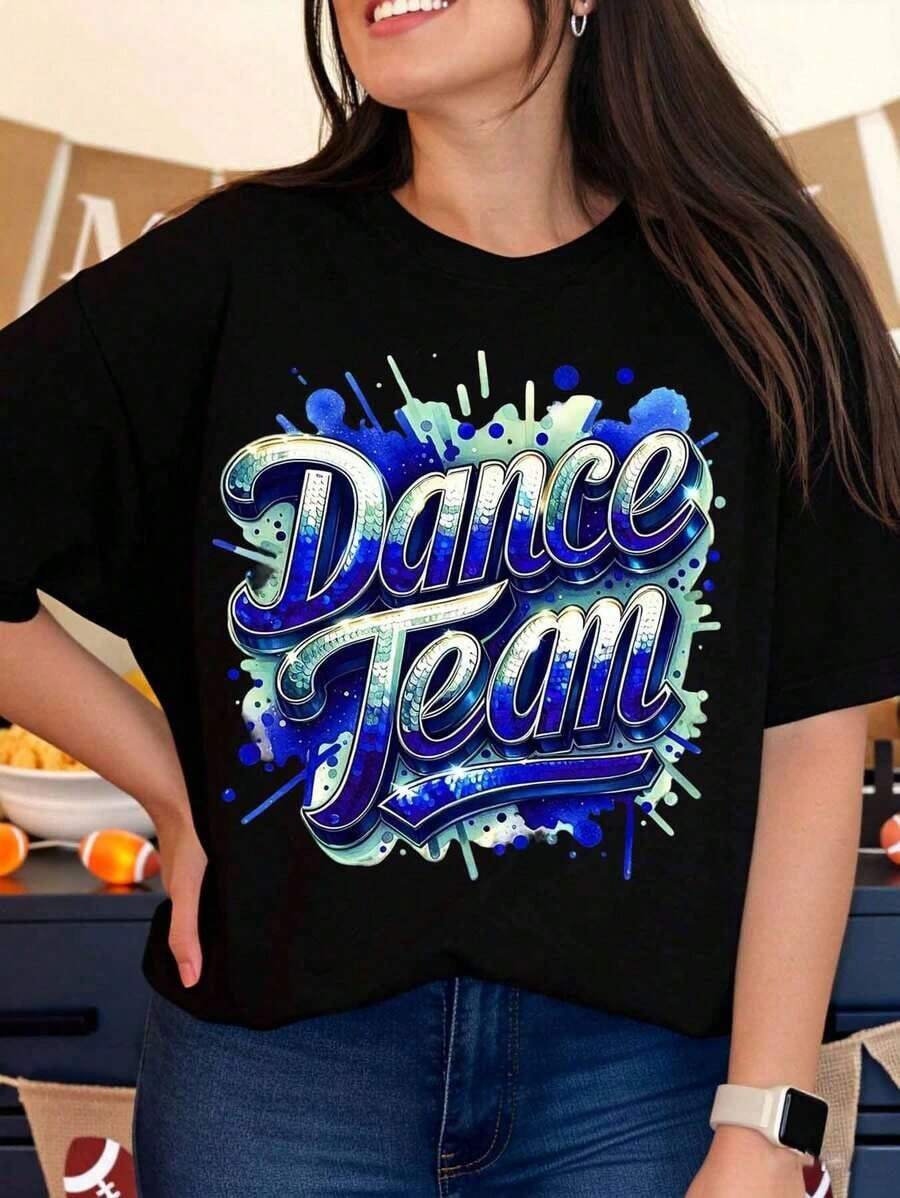Women's Dance Team T-Shirt, Graphic Tee, Dance Practice Clothes, Streetwear, Fashion Top, Casual Summer Outfit - 黑色 - 查看 1