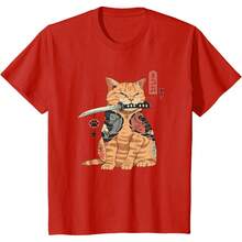 Alexamerch Cats Japanese T-Shirt With Kawaii Tattoo Graphic, Samurai Cat, For Kids, Anime Fans, Casual Wear Lovers, Unisex, Black, Size S, Short Sleeve, Classic Fit, Cotton, Polyester - 紅色的 - 查看 4