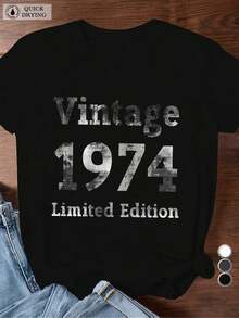 1 pieza de camiseta deportiva de manga corta con cuello redondo para mujer, con estampado de edición limitada vintage de 1974, 180g, 100% algodón. - Blanco - Ver 6
