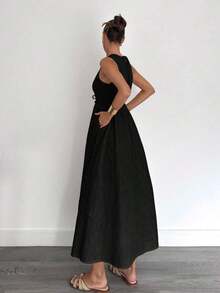 Vestido largo de línea A sin mangas de lino y algodón para mujer, primavera y verano - Burdeos - Ver 10