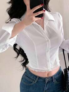 Camisa elegante de manga larga para mujer con pespunte de espina de pescado, empalme con adorno de encaje, ajuste ceñido, adecuada para uso en la oficina, primavera/verano - Blanco - Ver 1