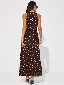 Vestido maxi elegante y sofisticado de estilo vintage francés para mujer, con diseño asimétrico, cuello redondo, sin mangas, de tela de acetato satinada con estampado de lunares y bloques de color, versátil y apropiado para el trabajo - Verde - Ver 8