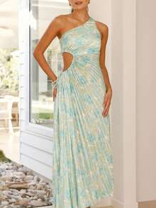 Vestido fiesta estampado hombro asimétrico pliegues calado elegante estilo sexy europeo - Verde - Ver 2