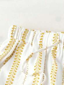 Conjunto de camisa y pantalones cortos de protección solar con estilo bohemio, conjunto de 2 piezas para mujer en verano - Amarillo - Ver 3