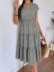 Vestido casual de mujer con estampado floral y volante en el bajo, para verano - Verde - Ver 6