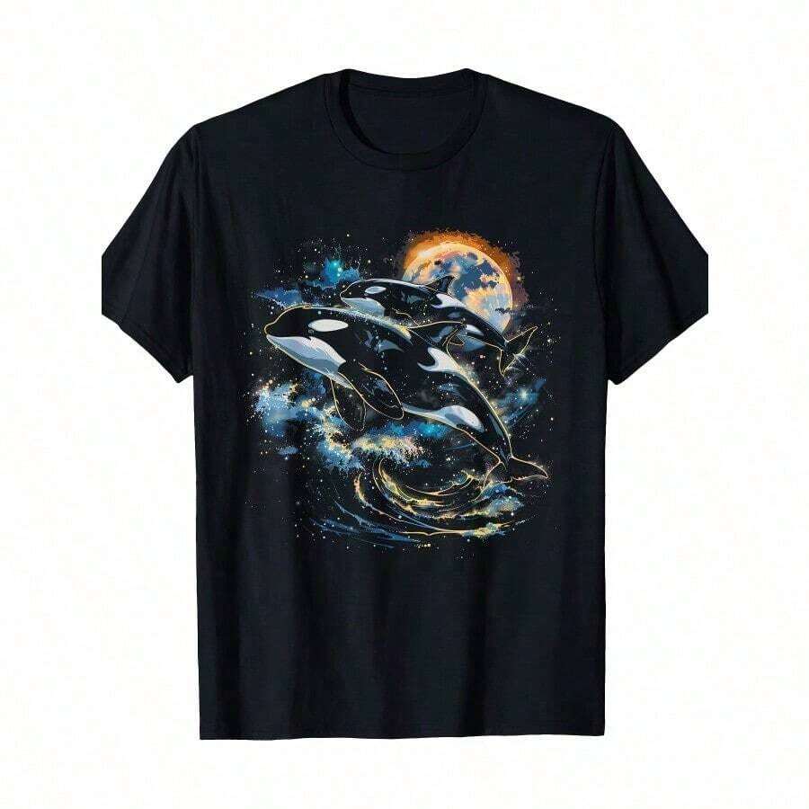Camiseta Orca In Space Planets Stars Whale Lover - 100% Algodón - 220g - Negro - Ver 1