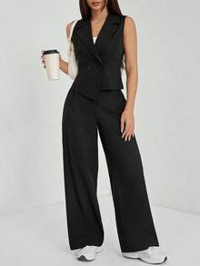 PETITE Conjunto de 2 piezas de ropa de otoño, top sin mangas y pantalón de unicolor - Negro - Ver 12