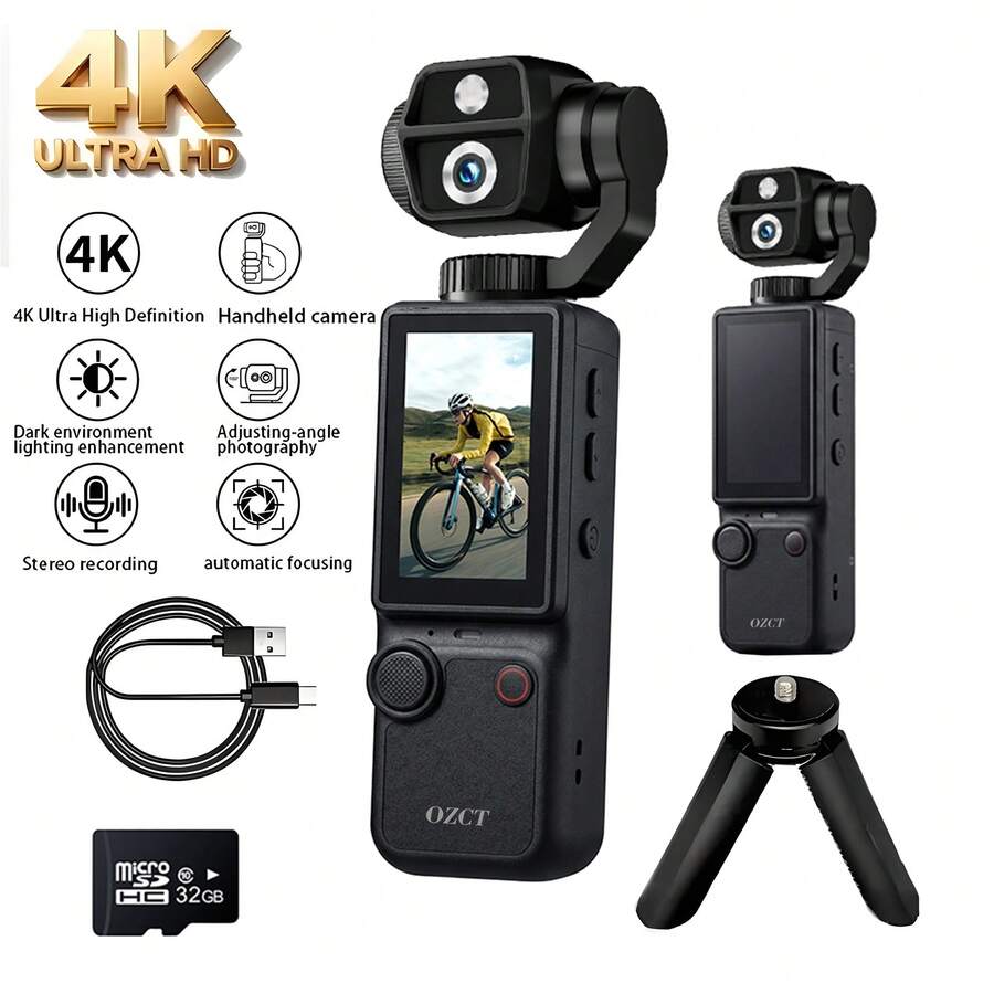 4K Ultra HD Sports Camera, 180° Manual Flip Lens, 2000mAh Long Battery Life, 5MP Pixel, Built-In Fill Light, Includes 32GB Memory Card + Tripod + Wrist Strap + Data Cable, Suitable For Vlogging, Travel, Cycling, Skiing, Audio Recording, Compact And Durable