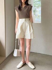 Suéter holgado de punto de unicolor con cuello, estilo casual y de negociospara mujer - Café integral - Ver 4