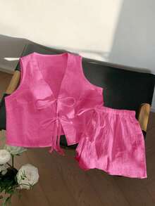 Conjunto casual de 2 piezas de top corto sin mangas con cordones delanteros y shorts para mujer en beige - Rosa Fucsia - Ver 4