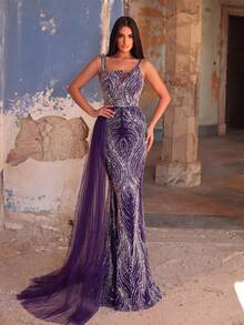 Luxury Sheer Mesh Patchwork Slit Mermaid Sequin Beaded Dress, Elegant For Gala, Formal Party, Wedding Guest Attire, Suitable For Graduation Ceremony, Banquet And Other Occasions - Purple - View 2