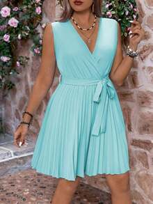 Vestido de verano sin mangas con cuello en V, unicolor, cruzado y plisado, talla grande, color borgoña, para Navidad y Acción de Gracias, conjunto de mujer - verde menta - Ver 3
