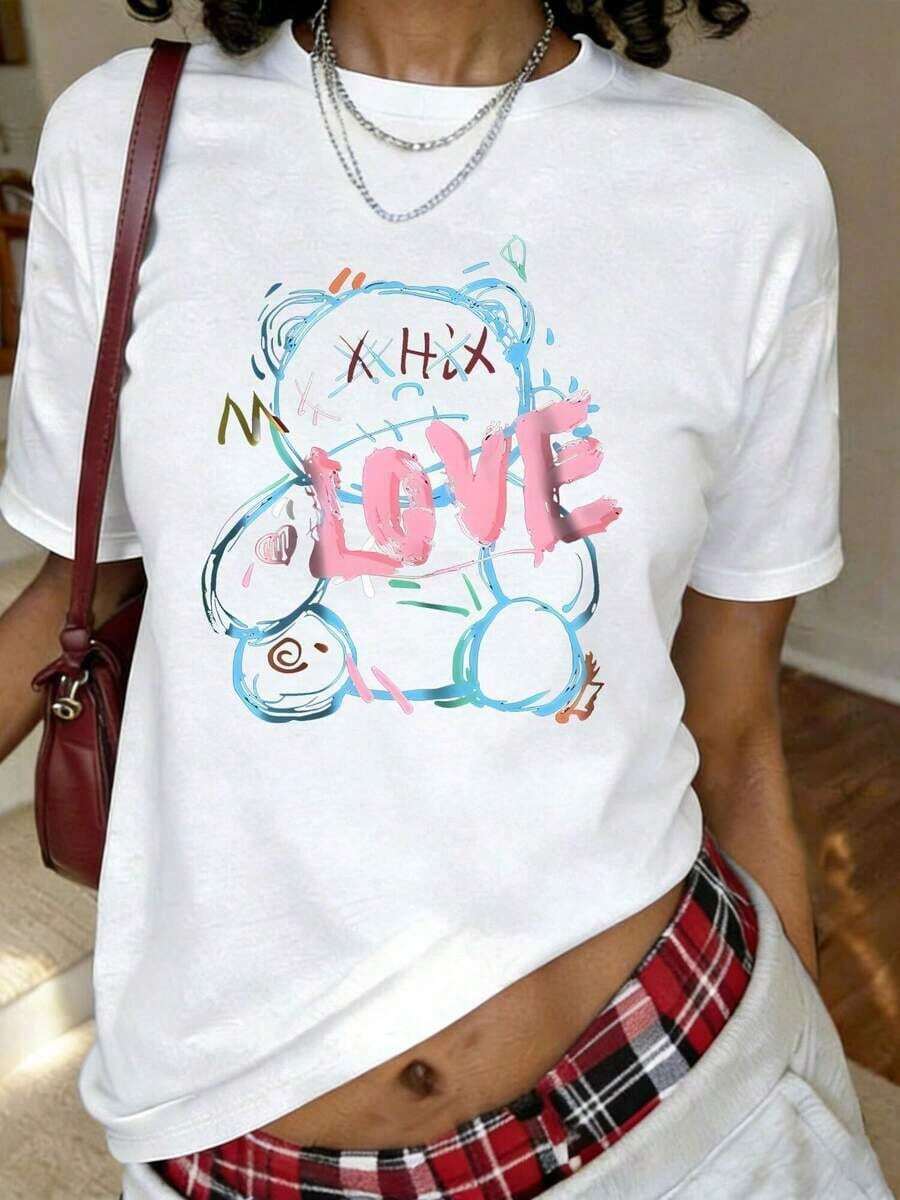 Camiseta con Estampado de Oso LOVE, Manga Corta, Cuello Redondo, Estilo Casual para Verano y Primavera, Ropa de Mujer - Blanco - Ver 1