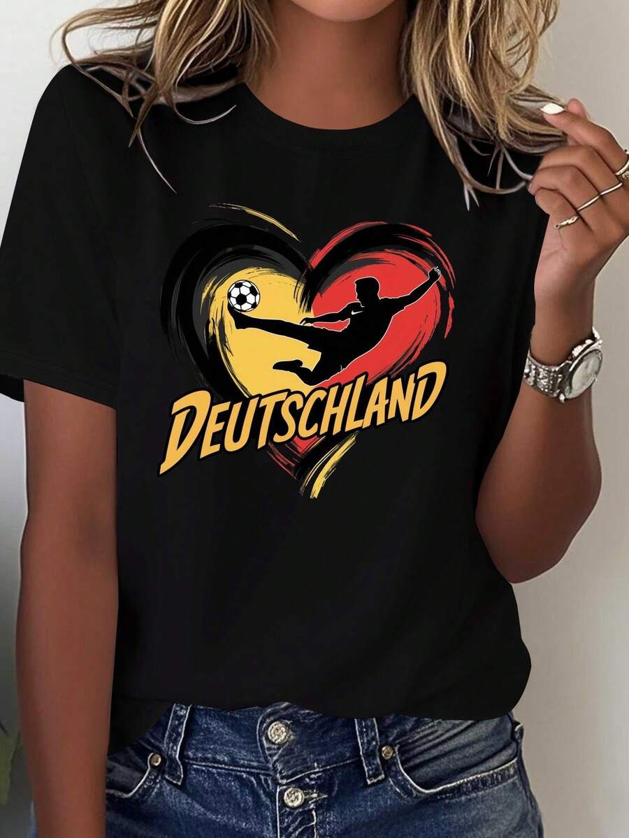 Women's German Fan Shirt - 100% Casual Style, Featuring The Colors Of The German Flag, Number 1 And The Word "Deutschland" - Comfortable For All Seasons, Suitable For Female Football Fans, A Gift For German Women (Machine Washable) - Heart-Shaped Football Design Combined With German Flag And Player Motifs, Loose Fit Suitable For Female Fans, Black With White Stripes And Red/White/Yellow Details, Casual Blouse In Iconic German Style Shirt For Women. - 黑色 - 查看 1