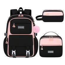 3pcs Set: Backpack + Handbag + Pouch, Colorblock School Style, Pom Pom Decor, Multi-Compartment, Large Capacity, Suitable For Daily Commute And Travel - Sets - View 5