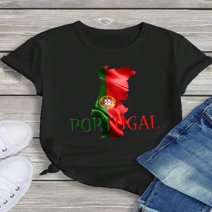 Women's Casual And Breathable Short-Sleeved T-Shirt In Black And White With The Portuguese Flag - 黑色 - 查看 1