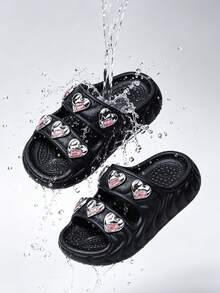 Girls' EVA Thick Sole Black Sandals, Heart Rhinestone Decor, Lightweight & Comfortable House Slippers For Summer - Black - View 5
