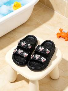 Girls' EVA Thick Sole Black Sandals, Heart Rhinestone Decor, Lightweight & Comfortable House Slippers For Summer - Black - View 3