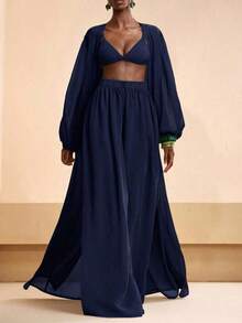 Conjunto de kimono y pantalones palazzo elegantes y casuales para la playa, 2026 - Azul marino - Ver 4