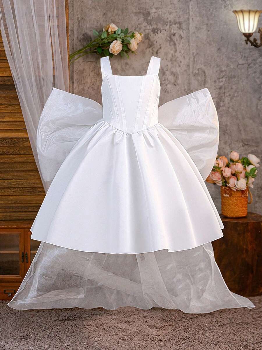 Đầm dự tiệc cưới, sinh nhật, tốt nghiệp, kiểu dáng công chúa sang trọng dành cho bé gái tuổi teen, với nơ lớn. - trắng - Xem 1