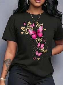 Playera camiseta gráfica dama mujer manga corta cuello redondo básica cómoda fresca ligera moderna juvenil estampado mariposas volando degradado - Negro - Ver 1