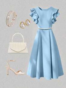 Vestido de línea A con decoración de cadena de perlas y mangas acampanadas, adecuado para salidas diarias, citas, fiestas, graduaciones, vacaciones y el Día de San Valentín - Gris - Ver 7