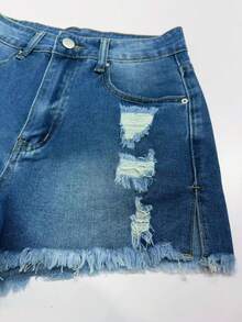 Nuevos shorts vaqueros rotos de moda para mujer, casuales de verano - azul oscuro - Ver 6