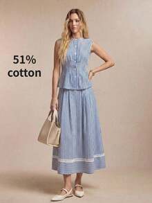 Falda de mujer con diseño de parche, bolsillo lateral y dobladillo de encaje hueco, versátil para oficina, formal, casual y romántica para el transporte urbano, nueva colección primavera/verano - Azul y blanco - Ver 2