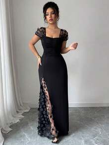 Vestido entallado con bordado de red para fiesta, banquete, primavera/verano, vacaciones - Negro - Ver 3