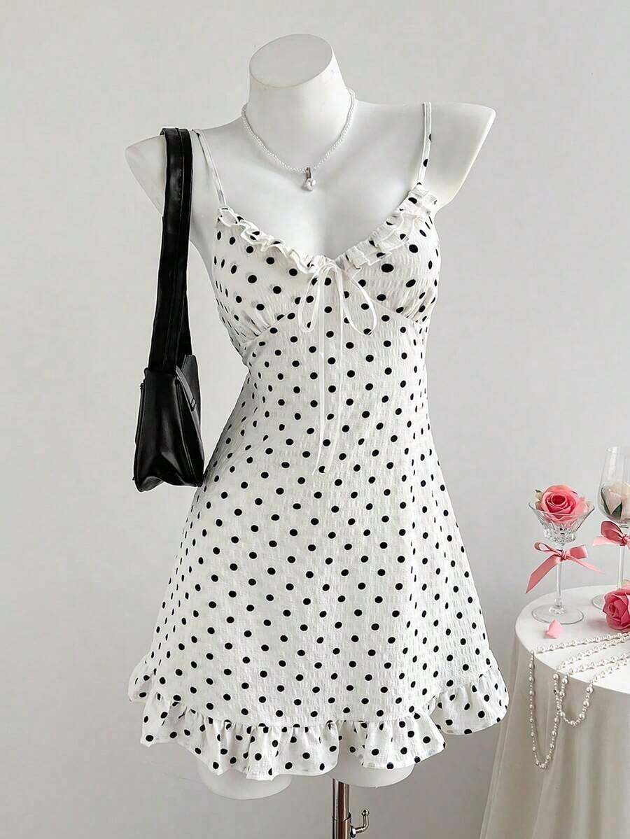 Vestido de tirantes con estampado de lunares, volantes en el bajo y lazo delantero para mujer - Blanco - Ver 1