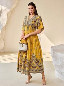 Lacomfia Vestido de mujer de estilo vacacional con estampado geométrico elegante, mangas de murciélago fruncidas y cintura ceñida - Amarillo - Ver 4