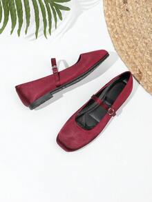 Coffee Color Mary Jane Square Toe Velvet Shoes For Women - Burgundy - View 5