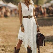 YijiaNvz  Vestido midi elegante y ajustado con encaje, estilo bohemio de vacaciones y festival occidental para mujeres - Blanco - Ver 2
