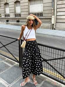 Falda larga de línea A con volantes y lunares negros, elegante y casual para verano/primavera - Negro - Ver 3