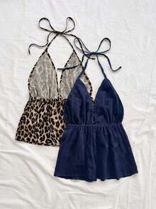 2 piezas Camiseta sin espalda con cuello en V y tirantes con estampado de leopardo, de tela texturizada, sexy y casual para vacaciones, citas, té de la tarde, vacaciones, festivales de música, estilo bohemio - Azul marino - Ver 2
