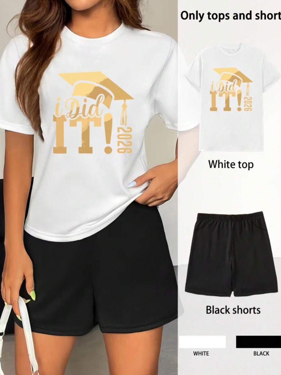 MSHCJ | Mujer | Envío local | Una camiseta de manga corta casual de tamaño grande con estampado floral femenino, combinada con pantalones cortos elásticos con cintura y bolsillos.Conjunto de camiseta y pantalones cortos para graduación 2026 - Blanco - Ver 1