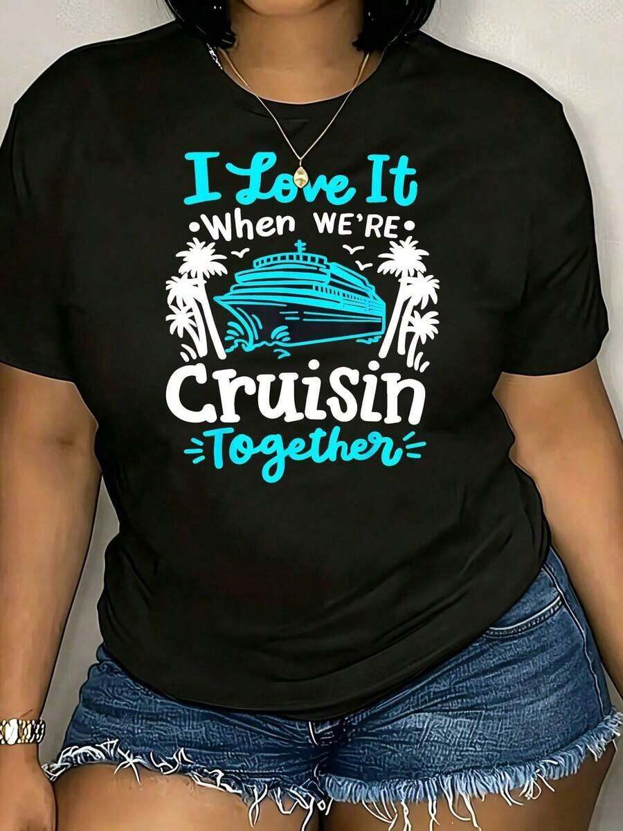 Camiseta Casual de Cuello Redondo con Estampado de Barco de Crucero para Mujer - Manga Corta, Perfecta para Primavera y Verano, Ropa Casual Elegante, Textura Suave, Camisetas para Damas, Camiseta Lavable a Máquina, Ajuste Cómodo, Camiseta de Algodón - Negro - Ver 1