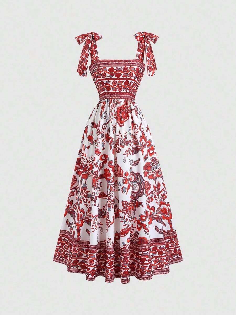 XHESweetra Vestido mini con cintura anudada y estampado floral, vestido de verano elegante y con inspiración vintage, sin mangas, para fiesta. Vestido rojo, ajustado, sexy y con diseño elegante.XHE - Rojo - Ver 1