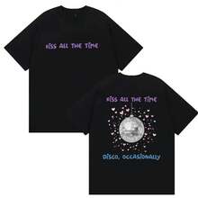 Camiseta de manga corta de algodón con estampado "Besar todo el tiempo, ir de fiesta de vez en cuando" para hombre y mujer, estilo de moda Y2K para el verano - Negro - Ver 2