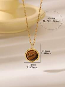1 pieza Collar con colgante de ojo de tigre de piedra vintage elegante, diseño de corazón, redondo, ovalado, joyería de cadena de clavícula para mujer, accesorio de moda para uso diario y fiesta, mejor regalo para amiga - Dorado - Ver 5