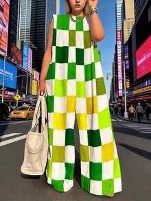 Plus Size Women's Sleeveless Jumpsuit With Colorful Plaid Print, For Summer - Lime Green - View 4