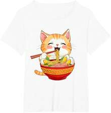 T-Shirt With Japanese Cat Eating Ramen Design - Cute Anime Style - White - View 4