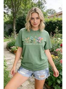 Women's Vintage Floral T-Shirts, Cute Floral Print Tees, Bohemian Wildflower T-Shirts, Casual Short-Sleeved Summer T-Shirts - Verde1 - 查看 4