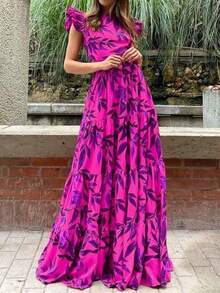 Spring Printed Evening Dress With Winged Sleeves And High Waist - Purple - View 1
