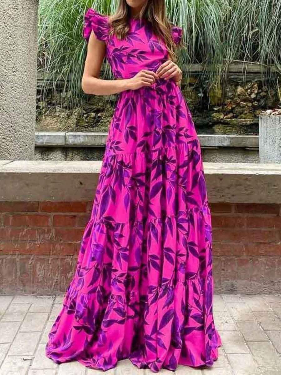 Spring Printed Evening Dress With Winged Sleeves And High Waist - Purple - View 1