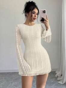Vestido elegante y romántico, de estilo elegante para ir al trabajo, sexy, adecuado para fiesta, vacaciones, vuelta al colegio, cita romántica, boda o cumpleaños, ajustado, de encaje, de manga larga y mini, para otoño/invierno - Albaricoque - Ver 4