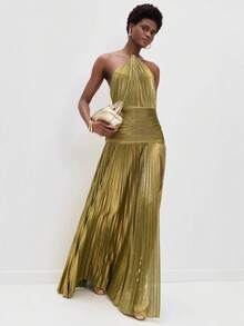 Vestido sin mangas plisado tono metalico con tirante alto y abertura para fiestas - Dorado - Ver 1